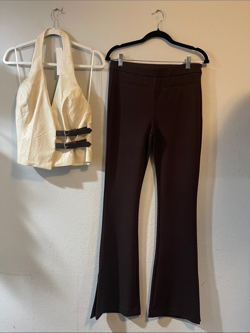 Zara Women's Brown Flare Pants - Classic Everyday Style and halter fux top